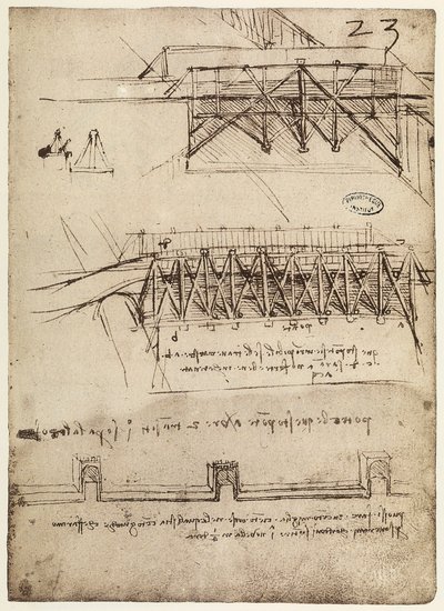 Codice B 2172 f.23r, Progetti per ponti da Leonardo da Vinci